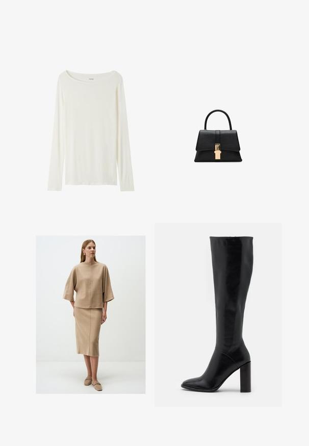 Langärmliges T-Shirt mit Rundhalsausschnitt in Cremefarbe aus weichem Material. Verfügt über einen geraden Schnitt und ein minimalistisches Design ohne Verzierungen.; Beige gestricktes Oberteil mit weiten Ärmeln und hohem Kragen, kombiniert mit einem knielangen Rock aus demselben Material, beide mit einer glatten Textur.; Knielange schwarze Lederstiefel mit spitzer Zehe und klobigem Absatz. Glatte Textur mit minimalen Akzenten und einem enganliegenden Schaftdesign.; Schwarze strukturierte Handtasche mit glatter Textur, einem einzelnen oberen Griff und einem goldfarbenen Verschlussdetail an der Vorderseite. Minimalistisches Design.; Strukturierte, glänzende goldene, unregelmäßige rechteckige Steckohrringe mit subtilen erhöhten und vertieften Mustern auf einem weißen Hintergrund.