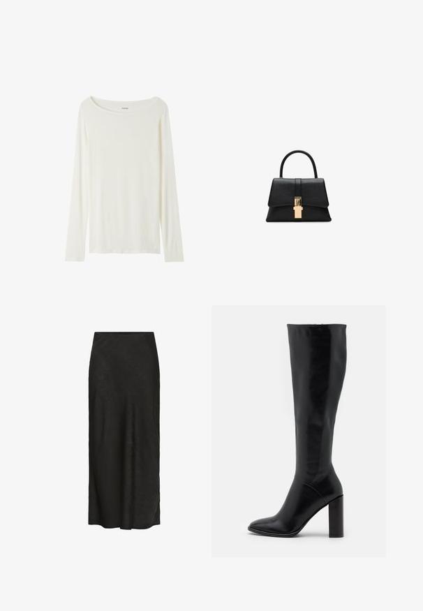 Langärmliges T-Shirt mit Rundhalsausschnitt in Cremefarbe aus weichem Material. Verfügt über einen geraden Schnitt und ein minimalistisches Design ohne Verzierungen.; Schwarze, bodenlange Rock aus strukturiertem Stoff. Verfügt über einen glatten Bund, leichten Fall und ein minimalistisches Design ohne zusätzliche Details.; Knielange schwarze Lederstiefel mit spitzer Zehe und klobigem Absatz. Glatte Textur mit minimalen Akzenten und einem enganliegenden Schaftdesign.; Schwarze strukturierte Handtasche mit glatter Textur, einem einzelnen oberen Griff und einem goldfarbenen Verschlussdetail an der Vorderseite. Minimalistisches Design.; Strukturierte, glänzende goldene, unregelmäßige rechteckige Steckohrringe mit subtilen erhöhten und vertieften Mustern auf einem weißen Hintergrund.