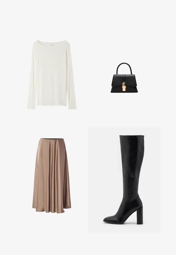 Langärmliges T-Shirt mit Rundhalsausschnitt in Cremefarbe aus weichem Material. Verfügt über einen geraden Schnitt und ein minimalistisches Design ohne Verzierungen.; Lange A-Linie-Rock aus glattem, glänzendem Stoff in einem hellen Beigeton. Verfügt über einen elastischen Bund und ein fließendes drapiertes Design.; Knielange schwarze Lederstiefel mit spitzer Zehe und klobigem Absatz. Glatte Textur mit minimalen Akzenten und einem enganliegenden Schaftdesign.; Schwarze strukturierte Handtasche mit glatter Textur, einem einzelnen oberen Griff und einem goldfarbenen Verschlussdetail an der Vorderseite. Minimalistisches Design.; Strukturierte, glänzende goldene, unregelmäßige rechteckige Steckohrringe mit subtilen erhöhten und vertieften Mustern auf einem weißen Hintergrund.