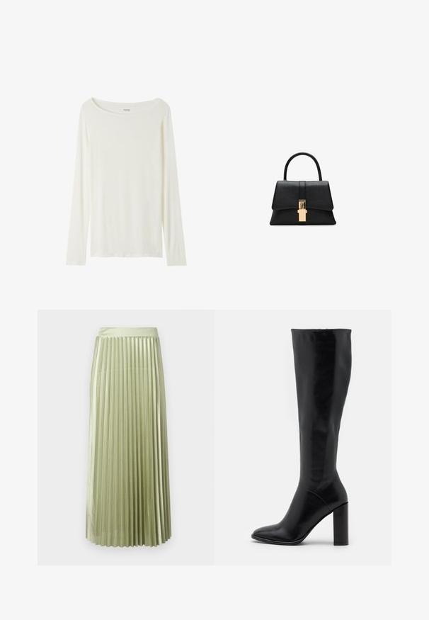 Top de manga larga y cuello redondo en color crema, hecho de una tela suave. Presenta un corte recto y un diseño minimalista sin adornos.; Falda midi plisada en satén verde claro con una textura suave. Cintura ajustada, cae hasta la mitad de la pantorrilla, con pliegues verticales uniformes en toda la prenda.; Botas negras de cuero hasta la rodilla con punta afilada y tacón grueso. Textura suave con acentos mínimos y un diseño de caña ajustada.; Bolso estructurado negro con textura suave, un asa superior y un detalle de clasp en tono dorado en la parte frontal. Diseño minimalista.