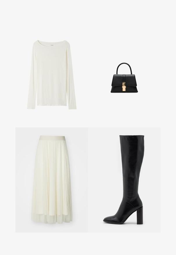 Top de manga larga y cuello redondo en color crema, hecho de una tela suave. Presenta un corte recto y un diseño minimalista sin adornos.; Falda midi plisada en crema claro con una amplia cinturilla elástica; textura transparente con sutiles líneas verticales, diseño fluido y acabado en capas.; Botas negras de cuero hasta la rodilla con punta afilada y tacón grueso. Textura suave con acentos mínimos y un diseño de caña ajustada.; Bolso estructurado negro con textura suave, un asa superior y un detalle de clasp en tono dorado en la parte frontal. Diseño minimalista.; Pendientes de studs irregulares rectangulares en oro brillante texturizado, con sutiles patrones elevados e hundidos sobre un fondo blanco.