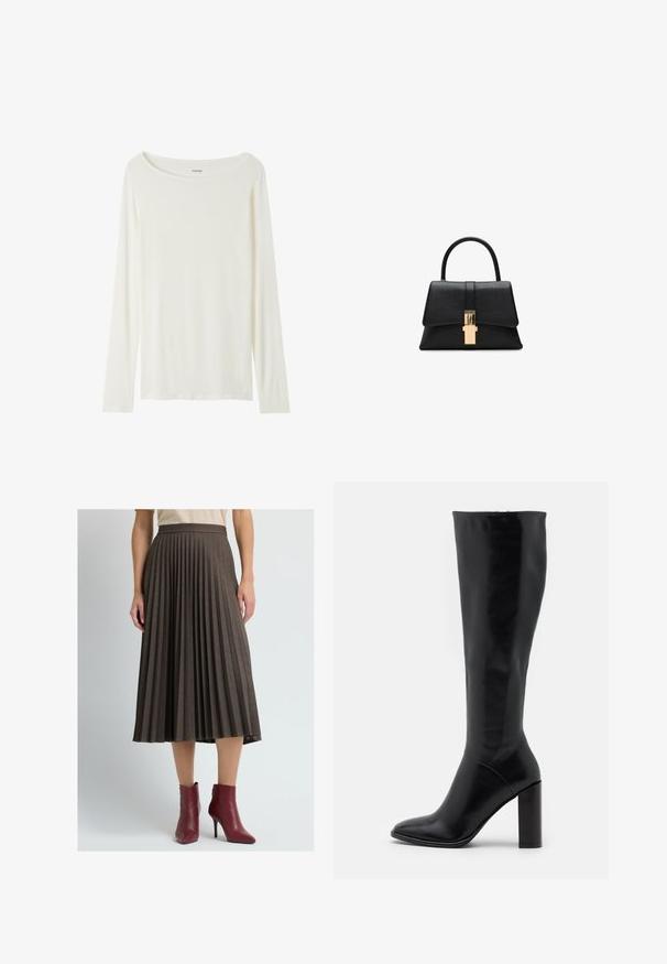 Langsleeve, ronde hals top in crème kleur, gemaakt van zachte stof. Kenmerkt zich door een rechte snit en een minimalistisch ontwerp zonder versieringen.; Bruine plisséd midi-rok met een gestructureerde afwerking, met een tailleband en die net onder de kuit valt, gecombineerd met bordeauxrode enkellaarsjes.; Zwart leren laarzen tot de knie met een spitse neus en een chunky hak. Vlotte textuur met minimale accenten en een aansluitend schachtontwerp.; Zwarte gestructureerde handtas met een gladde textuur, een enkele handgreep aan de bovenkant en een goudkleurige sluiting detail aan de voorkant. Minimalistisch ontwerp.; Gestructureerde glanzende gouden onregelmatige rechthoekige stud oorbellen met subtiele verhoogde en ingedrukte patronen op een witte achtergrond.