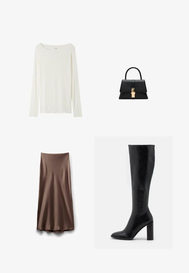 Langärmliges T-Shirt mit Rundhalsausschnitt in Cremefarbe aus weichem Material. Verfügt über einen geraden Schnitt und ein minimalistisches Design ohne Verzierungen.; Satinbrauner Midirock mit glatter Textur und leicht ausgestelltem Saum, der ein schlichtes, unverziertes Design ohne sichtbare Verschlüsse aufweist.; Knielange schwarze Lederstiefel mit spitzer Zehe und klobigem Absatz. Glatte Textur mit minimalen Akzenten und einem enganliegenden Schaftdesign.; Schwarze strukturierte Handtasche mit glatter Textur, einem einzelnen oberen Griff und einem goldfarbenen Verschlussdetail an der Vorderseite. Minimalistisches Design.; Strukturierte, glänzende goldene, unregelmäßige rechteckige Steckohrringe mit subtilen erhöhten und vertieften Mustern auf einem weißen Hintergrund.