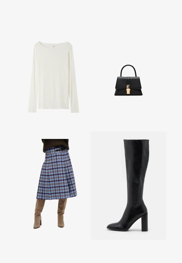 Haut à manches longues et col rond de couleur crème, fabriqué en tissu doux. Présente une coupe droite et un design minimaliste sans embellissements.; Jupe à carreaux gris-bleu au design plissé, avec des accents marron foncé et jaune, associée à des bottes en suède beige montantes.; Bottes en cuir noir jusqu'au genou avec un bout pointu et un talon épais. Texture lisse avec des accents minimaux et un design de tige ajustée.; Sac à main structuré noir avec une texture lisse, une poignée supérieure unique et un fermoir doré à l'avant. Design minimaliste.