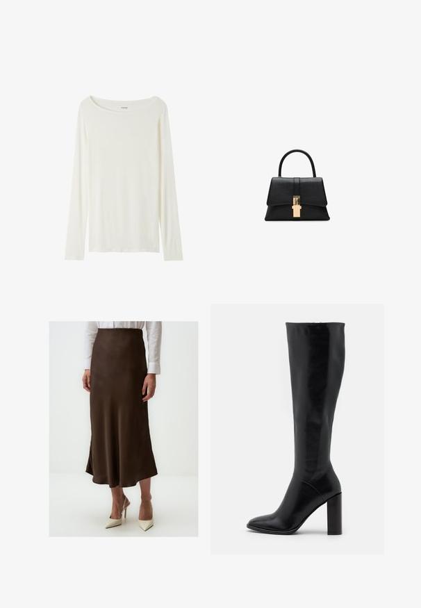 Langärmliges T-Shirt mit Rundhalsausschnitt in Cremefarbe aus weichem Material. Verfügt über einen geraden Schnitt und ein minimalistisches Design ohne Verzierungen.; Brauner Satin-Midirock mit glatter Textur, leicht ausgestelltem Design und seitlichem Schlitz. Getragen mit einem weißen Hemd mit Knopfverschluss und creamfarbenen High Heels.; Knielange schwarze Lederstiefel mit spitzer Zehe und klobigem Absatz. Glatte Textur mit minimalen Akzenten und einem enganliegenden Schaftdesign.; Schwarze strukturierte Handtasche mit glatter Textur, einem einzelnen oberen Griff und einem goldfarbenen Verschlussdetail an der Vorderseite. Minimalistisches Design.; Strukturierte, glänzende goldene, unregelmäßige rechteckige Steckohrringe mit subtilen erhöhten und vertieften Mustern auf einem weißen Hintergrund.