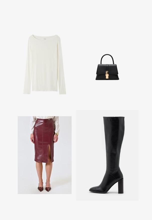 Langärmliges T-Shirt mit Rundhalsausschnitt in Cremefarbe aus weichem Material. Verfügt über einen geraden Schnitt und ein minimalistisches Design ohne Verzierungen.; Burgunderfarbene, knielange Bleistiftskirt aus glänzendem Kunstleder mit einem Schlitz vorne, gesteppte Details und einem dekorativen Knopf am Bund.; Knielange schwarze Lederstiefel mit spitzer Zehe und klobigem Absatz. Glatte Textur mit minimalen Akzenten und einem enganliegenden Schaftdesign.; Schwarze strukturierte Handtasche mit glatter Textur, einem einzelnen oberen Griff und einem goldfarbenen Verschlussdetail an der Vorderseite. Minimalistisches Design.; Strukturierte, glänzende goldene, unregelmäßige rechteckige Steckohrringe mit subtilen erhöhten und vertieften Mustern auf einem weißen Hintergrund.