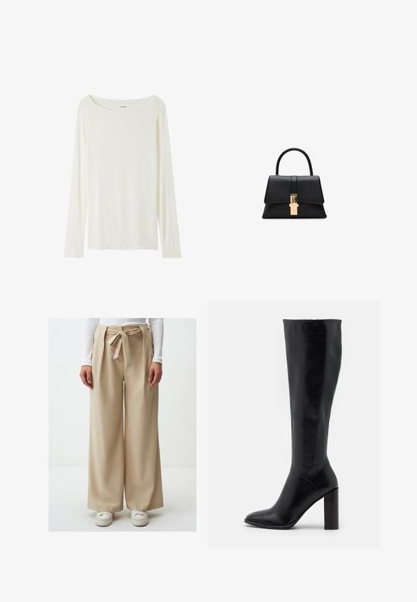 Langärmliges T-Shirt mit Rundhalsausschnitt in Cremefarbe aus weichem Material. Verfügt über einen geraden Schnitt und ein minimalistisches Design ohne Verzierungen.; Beige weit geschnittene Hose mit gebundenem Bund, die eine glatte Textur und ein fließendes Design aufweist. Getragen mit weißen Sneakers.; Knielange schwarze Lederstiefel mit spitzer Zehe und klobigem Absatz. Glatte Textur mit minimalen Akzenten und einem enganliegenden Schaftdesign.; Schwarze strukturierte Handtasche mit glatter Textur, einem einzelnen oberen Griff und einem goldfarbenen Verschlussdetail an der Vorderseite. Minimalistisches Design.; Strukturierte, glänzende goldene, unregelmäßige rechteckige Steckohrringe mit subtilen erhöhten und vertieften Mustern auf einem weißen Hintergrund.