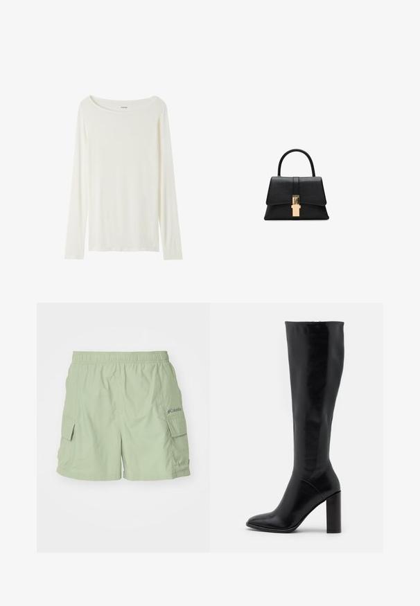 Dlouhý rukáv, top s kulatým výstřihem v krémové barvě, vyrobený z měkké látky. Disponuje rovný střihem a minimalistickým designem bez ozdob.; Světle zelené cargo šortky s elastickým pasem, bočními kapsami a malým logem Columbia na pravé straně. Lehká tkanina.; Černé kožené boty do výšky kolen s špičatou špičkou a masivním podpatkem. Hladký povrch s minimálními akcenty a přiléhající design svršku.; Černá strukturovaná kabelka s hladkým povrchem, s jedním horním uchem a zlatým zapínáním na přední straně. Minimalistický design.; Texturované lesklé zlaté nepravidelné obdélníkové náušnice s jemnými vyvýšenými a prohlubněnými vzory na bílém pozadí.