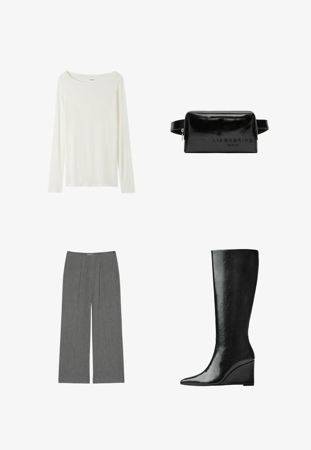 Long-sleeve, crew neck top in cream color made from soft fabric. Features a straight cut and minimalistic design without embellishments.; Gray wide-leg trousers made from textured fabric, featuring vertical stripes, a zip closure, and a relaxed fit.; Knee-high black leather boots with a sleek, pointed toe and a wedge heel. The surface is smooth with a glossy finish.; Black leather cosmetic bag with a smooth texture, rectangular shape, and embossed "LIEBESKIND BERLIN" logo on one side. Features a zip closure.