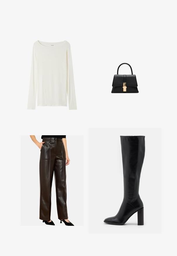Langsleeve, ronde hals top in crème kleur, gemaakt van zachte stof. Kenmerkt zich door een rechte snit en een minimalistisch ontwerp zonder versieringen.; Bruine neplederen wijde broek met een gladde afwerking, voorzakken en een hoge taille, met gestikte details langs de naden.; Zwart leren laarzen tot de knie met een spitse neus en een chunky hak. Vlotte textuur met minimale accenten en een aansluitend schachtontwerp.; Zwarte gestructureerde handtas met een gladde textuur, een enkele handgreep aan de bovenkant en een goudkleurige sluiting detail aan de voorkant. Minimalistisch ontwerp.; Gestructureerde glanzende gouden onregelmatige rechthoekige stud oorbellen met subtiele verhoogde en ingedrukte patronen op een witte achtergrond.