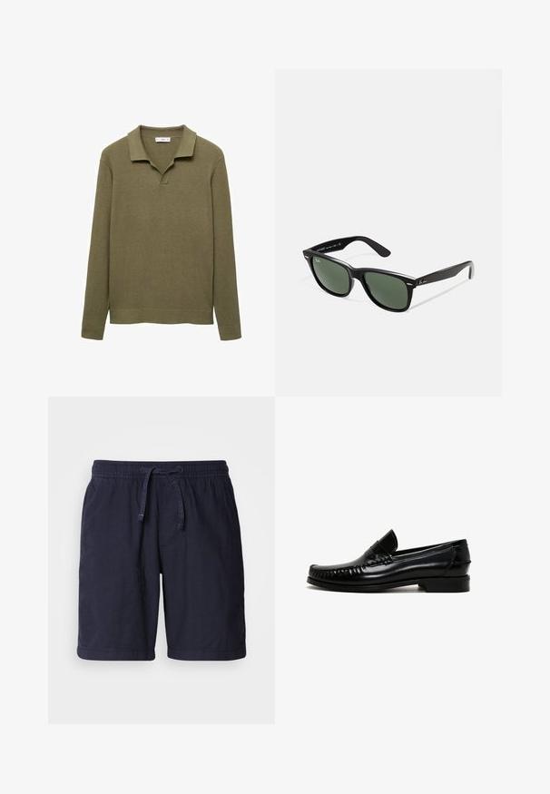 Pull polo à manches longues vert olive avec texture côtelée, décolleté en V et col rabattu. Design simple et droit.; Shorts bleu marine en tissu léger, dotés d'une taille élastique avec cordon de serrage et de poches latérales. Design décontracté avec ourlets cousus.; Mocassins en cuir noir avec un bout rond, des détails cousus le long des bords et un petit talon carré. Texture lisse et design minimaliste.; Lunettes de soleil en plastique noir avec verres verts, monture carrée, accent argenté sur le sourcil et branches texturées. Marque indiquée sur l'intérieur de la branche.