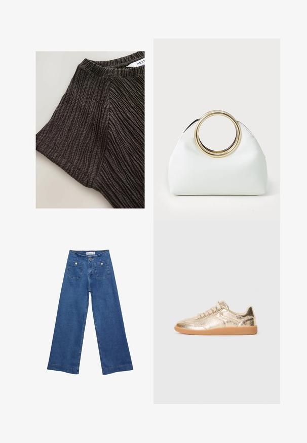 Black textured top featuring a ribbed design with short sleeves and a round neckline. Soft material with pronounced vertical lines.; Denim wide-leg jeans with a medium blue wash, two front pockets with button closures, and stitched detailing along the hems.; Low-top sneaker with metallic gold textured upper, beige laces, and gum rubber sole, shown from the outer side on white background.; White faux leather handbag with a rounded gold metal handle; soft, structured design with a minimalist aesthetic.