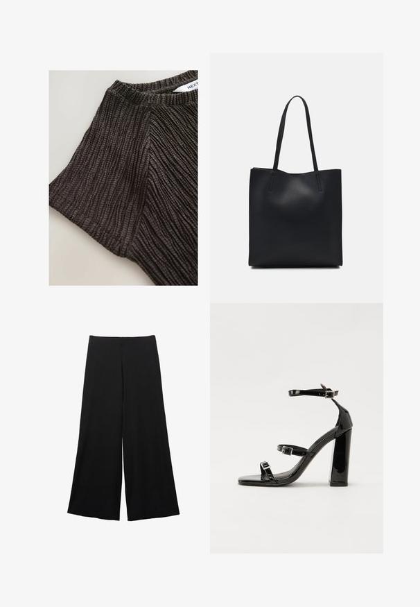 Schwarzes, strukturiertes Oberteil mit einem gerippten Design, kurzen Ärmeln und Rundhalsausschnitt. Weicher Stoff mit ausgeprägten vertikalen Linien.; Schwarze, weit geschnittene Hosen aus einem weichen Stoff. Mit hoher Taille und glatter Textur, ohne sichtbare Muster oder Akzente.; Schwarze patentierte Sandalen mit Absatz, quadratischer Spitze, Knöchelriemen und silbernen Schnallen. Mit einem stabilen Blockabsatz für mehr Stabilität.; Schwarze Laptoptasche aus Leder mit glatter Textur, rechteckiger Form und zwei langen Griffen. Keine sichtbaren Beschläge oder Verzierungen.