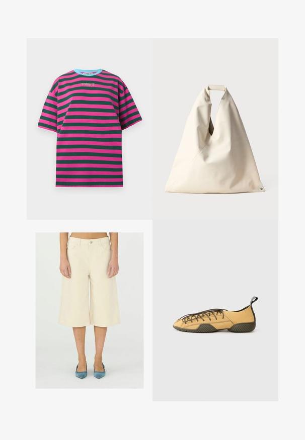 Korte mouwen T-shirt met horizontale roze en groene strepen, van katoen, ronde kraag met lichtblauwe rand, geborduurd "STIEGLITZ" logo.; Beige cropped wijde pijpen broek van denim stof, met een knoopsluiting in de taille, ceintuurlussen en steekzakken; gladde, egale textuur.; Gele suede veterschoen met een donkergroene rubberen zool en hielband, zijaanzicht op een lichtgrijze achtergrond.; Beige, tas met een zachte textuur en een unieke gedraaide handgreep met schuin naaddetail. Minimalistisch ontwerp met een ronde accent aan de basis.
