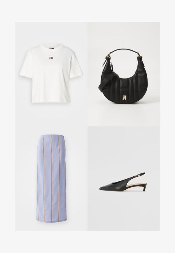 T-shirt en coton blanc avec un col rond et des manches courtes. Présente un petit logo coloré brodé avec des accents rouges, bleus et blancs sur la poitrine.; Jupe midi violette clair avec des rayures verticales orange et blanches. Texture lisse avec une coupe structurée et un ourlet droit.; Talons aiguilles en cuir noir à bride arrière, avec un bout pointu, un talon bas et une sangle de cheville réglable dotée d'une boucle dorée. Texture lisse.; Sac à main en cuir noir avec une forme incurvée, texture matelassée et quincaillerie dorée. Dispose d'une bandoulière amovible et d'un détail de logo.