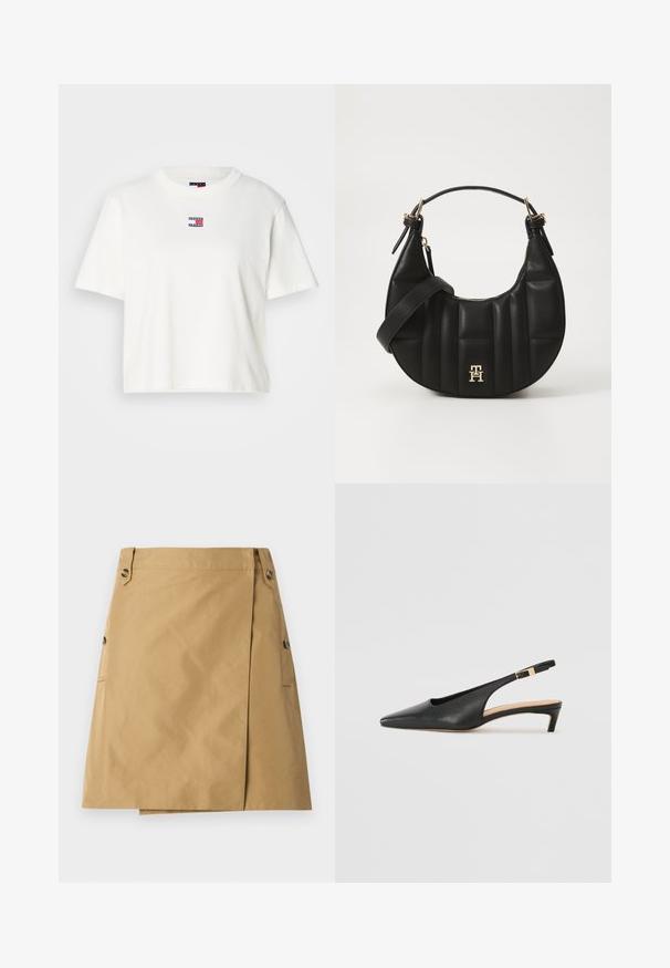 Hvit bomulls T-skjorte med rund hals og korte ermer. Har et lite farget logo-patch med røde, blå og hvite detaljer på brystet.; Lys beige skjørt laget av et glatt stoff med forfra-dekning, som har to sidelommer og to knapper på midjebåndet.; Svart lær slingback hæl med spiss tå, lav hæl og justerbar ankelrem med en gullfarget spenne. Glatt tekstur.; Svart skinnhåndveske med en buet form, kviltet tekstur og gullhardware. Har en avtagbar skulderrem og logo-detaljer.