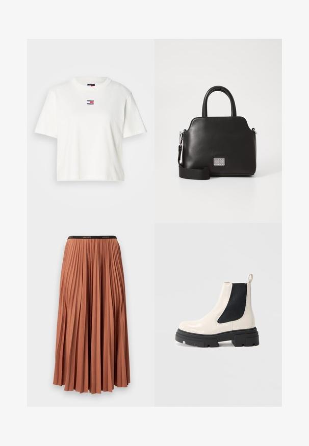 Witte katoenen t-shirt met een ronde hals en korte mouwen. Voorzien van een klein kleurrijk logopatch met rode, blauwe en witte accenten op de borst.; Plissérok in terracotta kleur met een zwarte tailleband, met verticale plooien en een gladde textuur. De lengte reikt tot halverwege de kuit.; Crème leren Chelsea boot met dikke zwarte zool en elastisch zwart zijpaneel tegen een plain witte achtergrond.; Zwarte synthetische handtas met bovenhandvatten, afneembare schouderriem, ronde vorm, gladde textuur en zilveren logo-accent aan de voorkant.