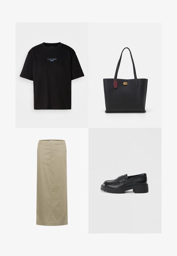 Čierne bavlnené tričko s okrúhlym výstrihom, krátkymi rukávmi a modrým vyšívaným logom "Calvin Klein JEANS" na prednej strane.; Bežová ľanová midi sukňa s plochým pásom, bočnými vreckami a rovnou siluetou, s minimálnym šitím a bez viditeľného kovania.; Čierne kožené loafery s textúrovaným povrchom, s obdĺžnikovým prúžkom cez priehlavok a robustným, drsným designom podrážky.; Čierna kožená taška s dvoma dlhými uchami, textúrovaným povrchom, zlatými doplnkami a bordovou etiketou. Priestranný dizajn s otvoreným vrchom.
