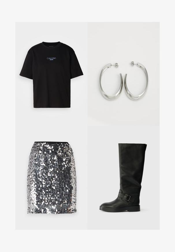 T-shirt nera in cotone con colletto rotondo, maniche corte e logo ricamato blu "Calvin Klein JEANS" sul davanti.; Mini gonna in paillettes argentate con una vita aderente nera. Caratterizzata da una texture lucida e riflettente e da un motivo a scallop.; Stivali neri al ginocchio realizzati in pelle liscia, con punta rotonda, suola spessa e una cinghia orizzontale con un dettaglio in fibbia rettangolare.; Orecchini a cerchio argentati con un design liscio e curvo. Presentano una finitura metallica lucida e una chiusura a perno. Nessun motivo o accentuazione visibile.