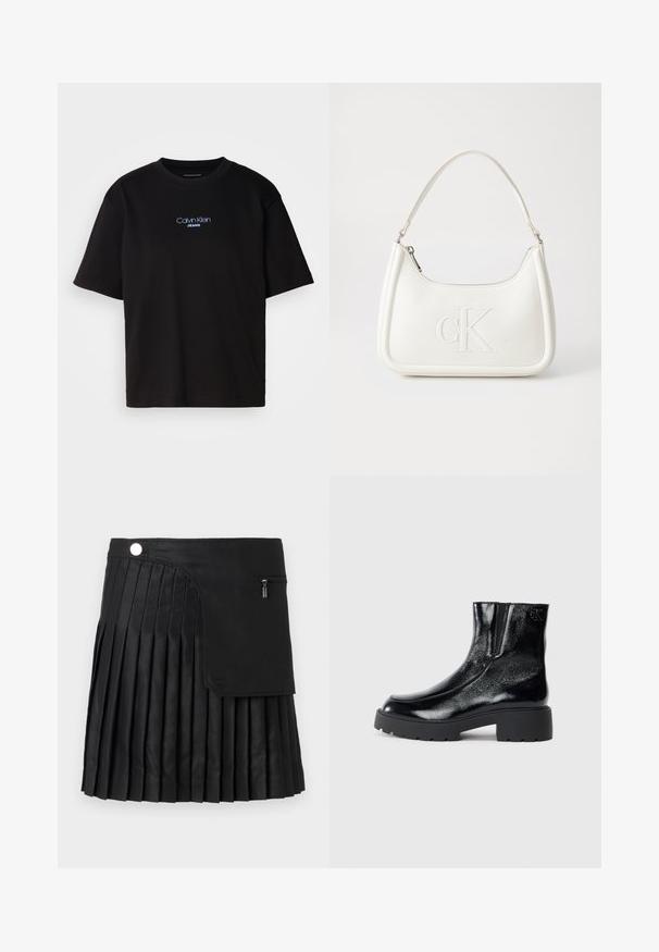 Čierne bavlnené tričko s okrúhlym výstrihom, krátkymi rukávmi a modrým vyšívaným logom "Calvin Klein JEANS" na prednej strane.; Čierna skladaná sukňa s textúrovanou látkou, so bočným klopom, patentným gombíkom a zipsovým vreckom pre dodatočné detaily.; Čierne kotníkové topánky s lesklým patentným koženým povrchom, masívnou čiernou gumovou podrážkou a vyvýšeným podpätkom; na boku obsahujú jemný detail loga.; Biela kožená kabelka s zakriveným tvarom, na prednej strane s embosovaným logom "CK" a jedným ramenným popruhom. Zipsové zapínanie navrchu.