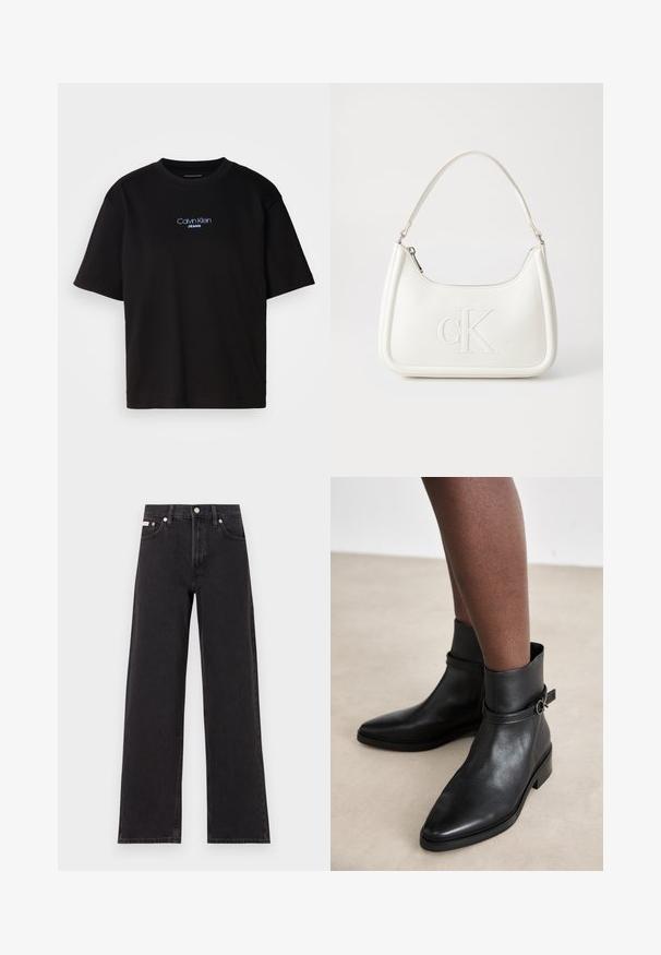T-shirt en coton noir avec un col rond, des manches courtes et un logo brodé bleu "Calvin Klein JEANS" sur le devant.; Jeans noirs à jambes larges en denim, avec une taille haute, une coupe à cinq poches et une fermeture à bouton en métal avec des coutures contrastantes.; Bottines en cuir noir avec un bout pointu, une semelle plate et une sangle réglable autour de la cheville. Texture lisse et design minimaliste.; Sac à main en cuir blanc avec une forme courbée, arborant un logo "CK" embossé à l'avant et une seule bandoulière. Fermeture à glissière en haut.