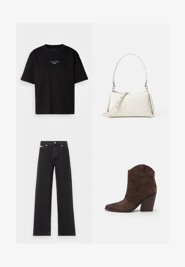 T-shirt en coton noir avec un col rond, des manches courtes et un logo brodé bleu "Calvin Klein JEANS" sur le devant.; Jeans noirs à jambes larges en denim, avec une taille haute, une coupe à cinq poches et une fermeture à bouton en métal avec des coutures contrastantes.; Guess JALELLA2 - Bottines à talons hauts - brown; Sac à main blanc avec une texture lisse, une silhouette incurvée et une bandoulière réglable. Présente un motif de logo subtil et des accents en métal argenté.