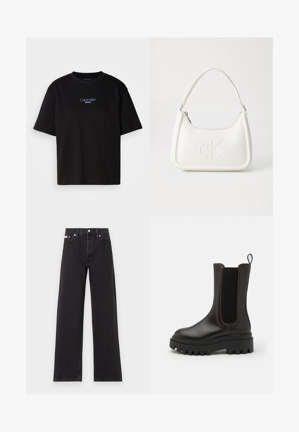 Juodas medvilnės marškinėliai su apykakle, trumpomis rankovėmis ir mėlynai siuvinėtu "Calvin Klein JEANS" logotipu priekyje.; Juodos plačios kojų džinsai, pagaminti iš džinsinio audinio, su aukštu liemeniu, penkių kišenių stiliumi ir metaline sagte su kontrastingo siuvimo detalėmis.; Rudos odinės aukštakulnės batai su tekstūruota elastine juosta, storu juodu guminiu padu ir vilkimo kilpa. Stilingas dizainas su minimaliais siūlės.; Balta odinė rankinė su išlenkta forma, su reljefiniu "CK" logotipu priekyje ir viena petneša. Užtrauktuko uždarymas viršuje.
