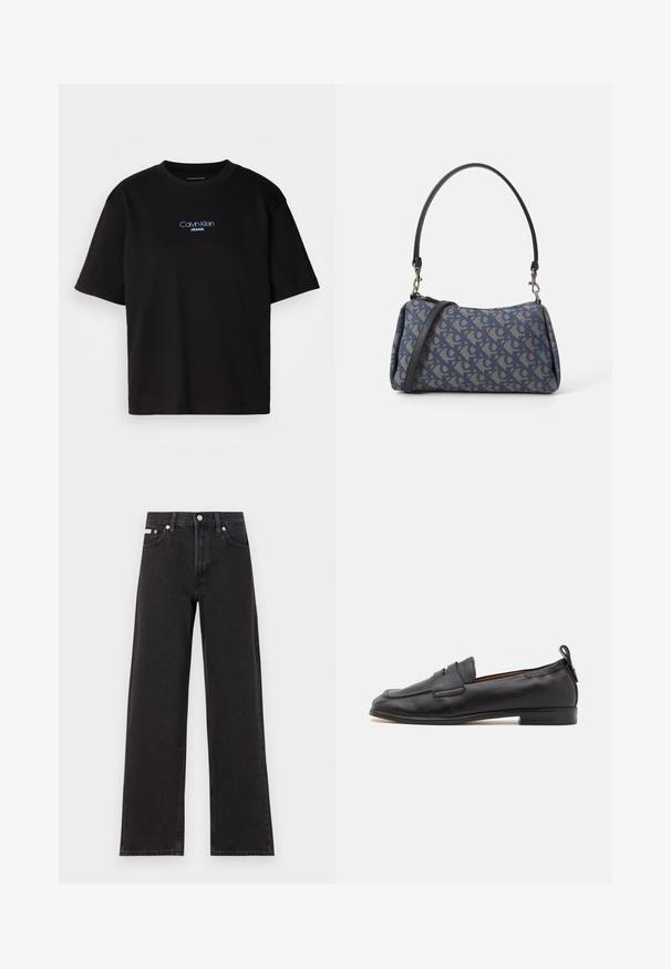 Sort bomulds t-shirt med rund hals, korte ærmer og blåt broderet "Calvin Klein JEANS" logo på fronten.; Sorte vidde jeans lavet af denim, med høj talje, fem-lomme stil og en metalknap lukning med kontrasterende syninger.; BOSS AVYLIN LOAFER - Loafers - black; Blå mønstret håndtaske lavet af stof, med en buet form, sort læderrem og logodesign i en lysere skygge.