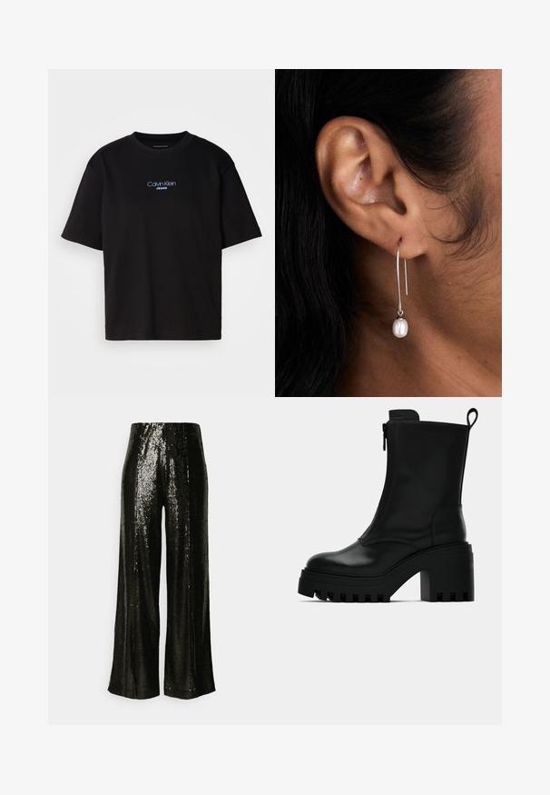 Fekete pamut póló kerek nyakkal, rövid ujjú, elöl kék hímzett "Calvin Klein JEANS" logóval.; Fekete flitteres, széles szárú nadrág sima textúrával és magas derekú designnal, fényvisszaverő, csillogó felülettel.; Fekete bőr bokacsizma vastag talppal, tömb sarkú, oldalsó cipzárral és hátsó húzófüllel, sima fehér háttéren.; Ezüst karika fülbevaló vertikális lógással, egyetlen fehér gyönggyel. A dizájn elegáns, sima, fényes felülettel.