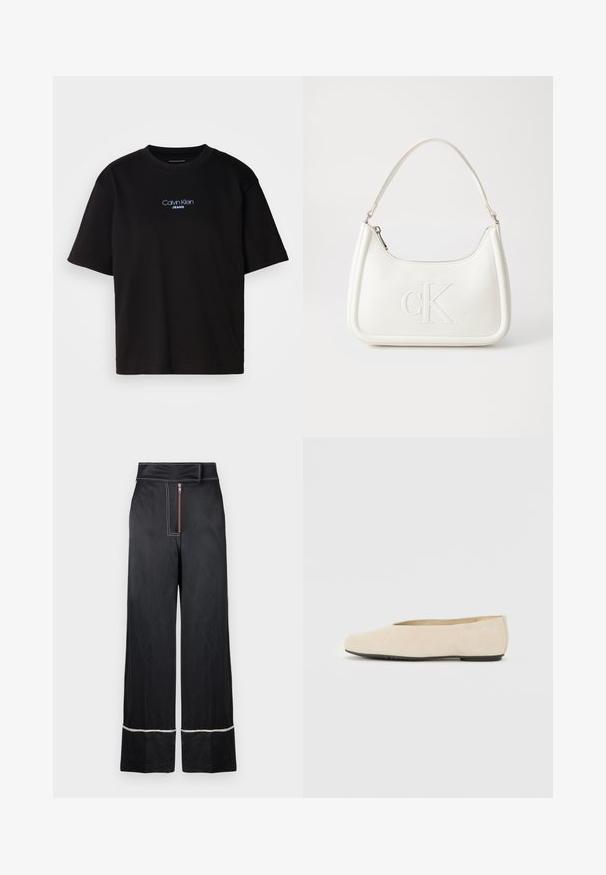 Black cotton t-shirt with a round neck, short sleeves, and blue embroidered "Calvin Klein JEANS" logo on the front.; Black wide-leg trousers with a high waist, featuring a front zip closure and contrasting white stitching along the hem and sides.; Beige suede ballet flat with a rounded toe, flat sole, and minimal design. Smooth texture and no visible hardware or embellishments.; White leather handbag with a curved shape, featuring an embossed "CK" logo on the front and a single shoulder strap. Zipper closure at top.