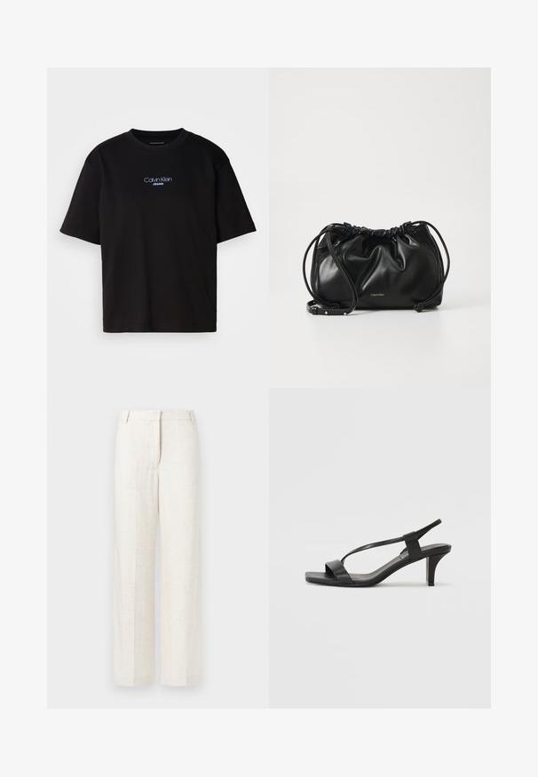 Černé bavlněné tričko s kulatým výstřihem a krátkými rukávy, s modrou vyšitou nášivkou "Calvin Klein JEANS" na přední straně.; Beige kalhoty s širokými nohavicemi z směsové lnu, které mají hladkou texturu, klasické přední záhyby a boční kapsy pro zvýšení funkčnosti.; Černé sandály na podpatku s úzkým páskem, čtveratou špičkou a středně vysokým blokovým podpatkem. Vyrobeny z hladké kůže s matným povrchem.; Černá kožená kabelka s nařaseným designem, dvojitým stahovacím uzávěrem a odnímatelným ramenním popruhem. Obsahuje detail s metalickým logem.