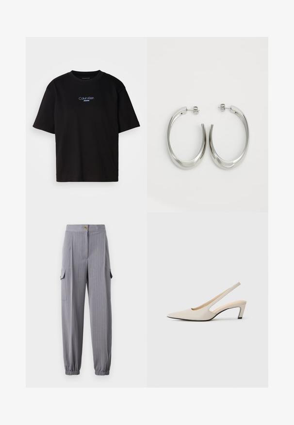T-shirt en coton noir avec un col rond, des manches courtes et un logo brodé bleu "Calvin Klein JEANS" sur le devant.; Pantalons rayés gris avec des poignets élastiques et deux poches cargo latérales. Comprend une fermeture bouton et un design ajusté.; Souliers à bout pointu en cuir beige, dotés d'un design découpé, d'un talon block de 5 cm et d'une texture lisse. Accents de semelle noire.; Boucles d'oreilles en argent avec un design lisse et courbé. Présentent une finition métallique brillante et une fermeture à clou. Pas de motifs ou d'accents visibles.