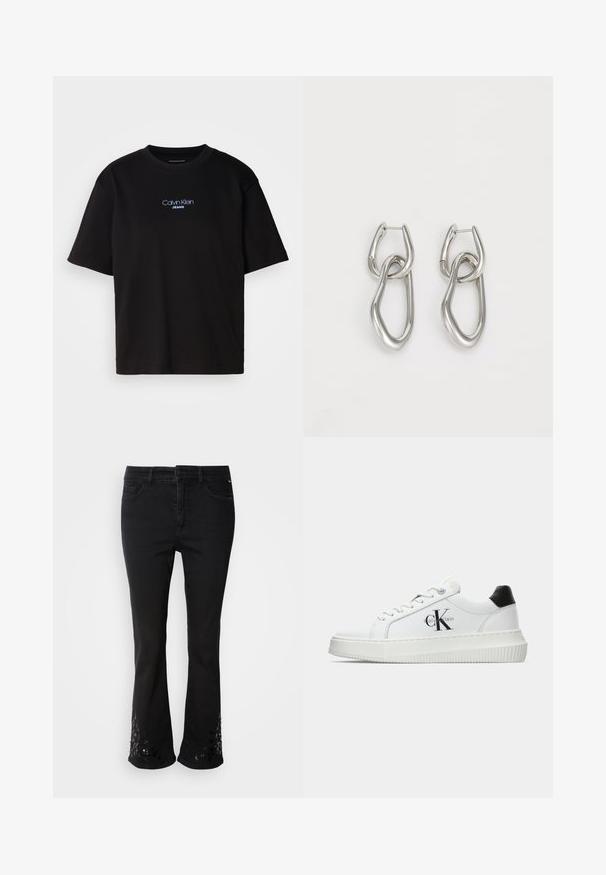 Černé bavlněné tričko s kulatým výstřihem a krátkými rukávy, s modrou vyšitou nášivkou "Calvin Klein JEANS" na přední straně.; Černé rozšiřující se džíny z denimu se zdobnými flitrovými vzory na lemu, s pěti kapsami, poutky na opasek a zapínáním na předním knoflíku.; Bílé nízké tenisky s černým patním tabem, platformovou podrážkou, tkaničkami a logem Calvin Klein "CK" na boku.; Calvin Klein STATEMENT LINKS - Náušnice - silver-coloured