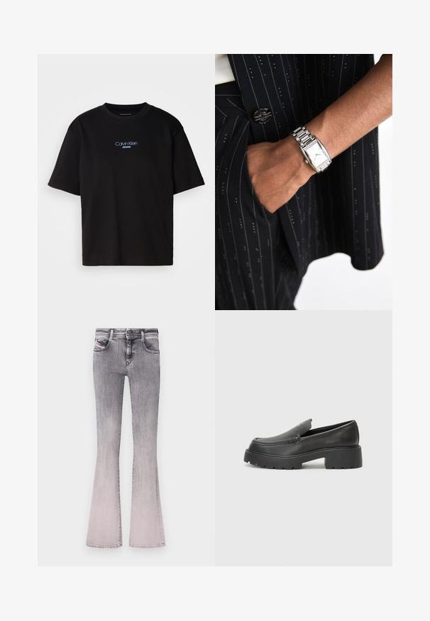 Black cotton t-shirt with a round neck, short sleeves, and blue embroidered "Calvin Klein JEANS" logo on the front.; Flared jeans in gradient black to light gray denim. Features classic five-pocket design, front button closure, and subtle stitching details.; Black leather loafers with a rounded toe, thick textured sole, and minimal stitching details. Sleek design with no visible laces or hardware.; Silver rectangular watch with an elegant dial and diamond-like accents on a linked metal bracelet, worn with a black pinstripe suit.