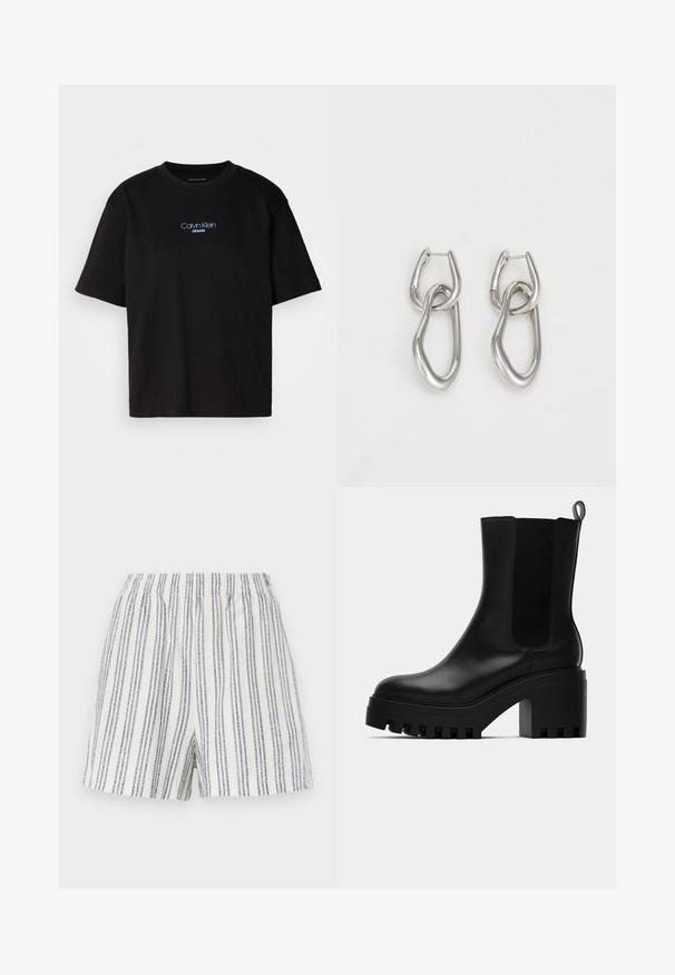 Juodas medvilnės marškinėliai su apykakle, trumpomis rankovėmis ir mėlynai siuvinėtu "Calvin Klein JEANS" logotipu priekyje.; Juostuoti šortai, pagaminti iš lengvos medžiagos, su vertikaliomis mėlynomis ir baltomis juostelėmis, elastinga juosmens juosta ir laisvu siluetu.; Juodi odiniai kulkšniniai batai su apvaliu nosiu, masyviu platformos padu ir tinklelio šoninėmis detalėmis. Yra traukimo kilpa, skirta patogiam užsidėjimui.; Calvin Klein STATEMENT LINKS - Auskarai - silver-coloured