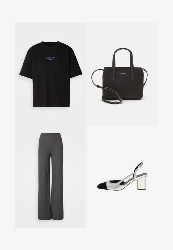 Sort bomulds t-shirt med rund hals, korte ærmer og blåt broderet "Calvin Klein JEANS" logo på fronten.; Grå vidde bukser med høj talje, lavet af et tekstureret materiale, der har et rent, minimalistisk design og fuld længde.; Sølv sko med slingback og sort kappe, med tekstureret overflade og blokhæl. Har udsparinger i siderne og en justerbar rem for optimal pasform.; Sort håndtaske med to korte håndtag og en aftagelig skulderrem. Glat læderagtigt materiale med lynlåslukning og logo detaljer.