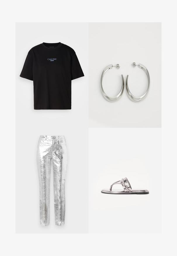 Camiseta de algodón negra con cuello redondo, manga corta y el logotipo azul bordado de "Calvin Klein JEANS" en el frente.; Pantalones plateados y metálicos con una textura arrugada. Diseño de pierna recta, bolsillos frontales y cierre de cremallera. Superficie lisa y reflectante.; Sandalia plana metálica plateada con un diseño de tirante curvado y una suela delgada. Presenta un bucle para los dedos y una estética minimalista.; Pendientes de aro de plata con un diseño curvado y suave. Presentan un acabado metálico brillante y cierre de presión. Sin patrones ni acentos visibles.
