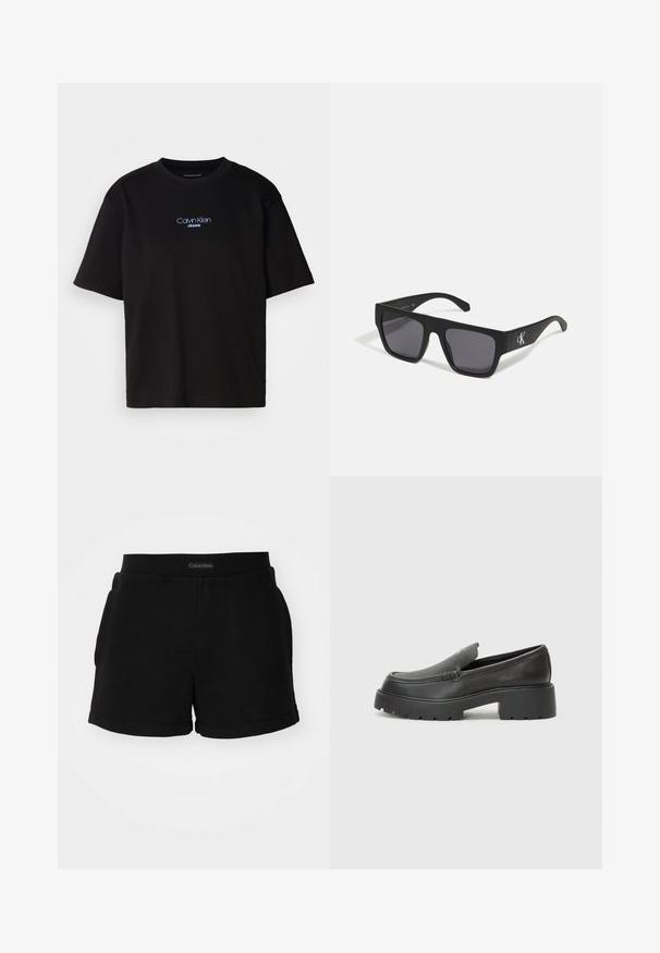 Černé bavlněné tričko s kulatým výstřihem a krátkými rukávy, s modrou vyšitou nášivkou "Calvin Klein JEANS" na přední straně.; Černé bavlněné šortky s žebrovaným pasem, bočními kapsami a zaobleným lemem. Logo umístěné na pase.; Černé kožené mokasíny s okrouhlou špičkou, silnou strukturovanou podrážkou a minimálními detaily šití. Elegantní design bez viditelných tkaniček nebo kovových prvků.; Černé sluneční brýle čtvercového tvaru s matným povrchem a šedými skly. Vyznačují se stříbrným logem na spánku. Pevný plastový rám.; Černá kožená psaníčko s obdélníkovým tvarem, hladkým povrchem, plochým víkem a malou rukojetí na boku. Obsahuje jemné logo.