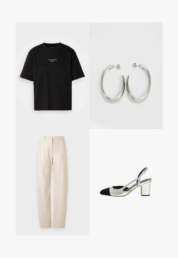 Crna pamučna majica s okruglim izrezom, kratkim rukavima i plavim izvezenim logom "Calvin Klein JEANS" na prednjoj strani.; Krem hlače ravnog kroja s zatvaranjem na dugme i patentni zatvarač, petljama za pojas i bočnim džepovima na praznoj bijeloj pozadini.; Srebrne čizme s remenom na peti, s crnim vrhom, teksturiranim gornjim dijelom i blok-štiklom. Imaju izrezane bočne strane i podesivi remen za udobnost.; Srebrne kružne naušnice s glatkim, zakrivljenim dizajnom. Imaju sjajnu metalnu završnu obradu i kopču na tipku. Nema vidljivih uzoraka ili ukrasa.