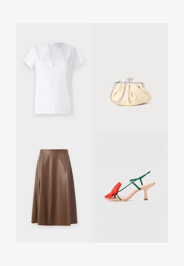 Camiseta de algodón blanca de manga corta, con un corte relajado y un escote en V que presenta una tapeta con cinco botones decorativos.; Falda de cuero marrón en corte A con una textura suave y un dobladillo de longitud media. Presenta una cintura ajustada y un ligero vuelo desde las caderas.; Loeffler Randall FRANK - Sandalias tobilleras - nude/green/red; Clutch de cuero beige plisado con un marco de metal plateado, que cuenta con dos broches decorativos redondos y una correa de cadena plateada.