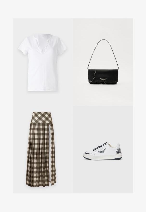T-shirt branco de algodão com mangas curtas, um corte descontraído e um decote em V com uma tira com cinco botões decorativos.; Saia longa e plissada com um padrão xadrez castanho e bege. Design de cintura alta com uma fenda lateral e textura de tecido suave.; Sapatilha branca com detalhes pretos, apresentando um design texturizado na lateral, atacadores pretos e sola de borracha. Logótipo e arte na parte superior.; Saco de couro preto com uma alça de corrente prateada, apresentando ornamentos em forma de asas e costura branca ao longo da costura inferior.