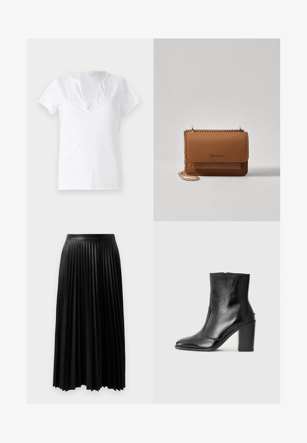 T-shirt branco de algodão com mangas curtas, um corte descontraído e um decote em V com uma tira com cinco botões decorativos.; Saia preta plissada feita de material texturizado, com uma cintura ajustada e plissados longos e fluidos que se estendem até a altura da metade da panturrilha.; Bota ankle preta em pele com uma textura suave, bico fino e um salto alto robusto. Apresenta uma abertura lateral e um design minimalista.; Bolsa crossbody de couro texturizado castanho com alça de corrente dourada e fecho com aba. A parte da frente apresenta detalhe do logótipo e um bolso sob a aba.