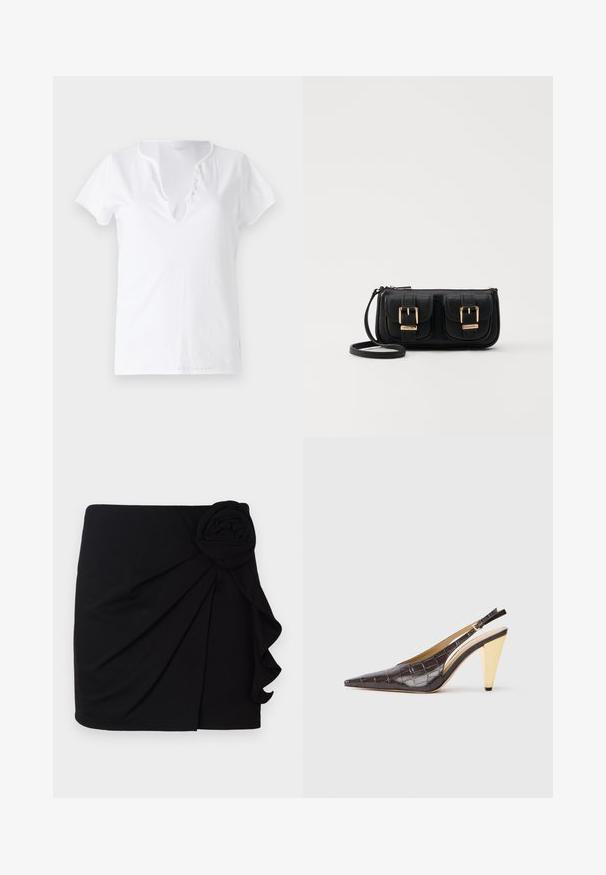 Hvit bomulls T-skjorte med kort erm, avslappet passform og V-hals med en stolpe med fem dekorative knapper.; Svart mini skjørt laget av mykt stoff med plisse-design. Har en stoffrose som dekorasjon på siden og en volangkant.; Spenne-punktet hæl i mørkebrun, blank faux krokodillelær. Har en gullfarge geometrisk hæl og justerbar ankelstropp.; Svart skinn crossbody veske med to frontlommer, gyldne spenner, glidelåslukking og en slank stropp. Teksturert overflate og kompakt rektangulær form.