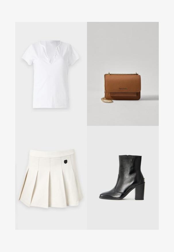 White cotton t-shirt with short sleeves, a relaxed fit, and a V-neckline featuring a placket with five decorative buttons.; Pleated white skirt made of cotton-blend fabric, featuring a black emblem on the front and an elastic waistband for comfortable fit.; Black leather ankle boot with a smooth texture, pointed toe, and a chunky high heel. Features a side opening and minimalistic design.; Brown textured leather crossbody bag with gold chain strap and flap closure. Front features logo detail and a pocket under the flap.