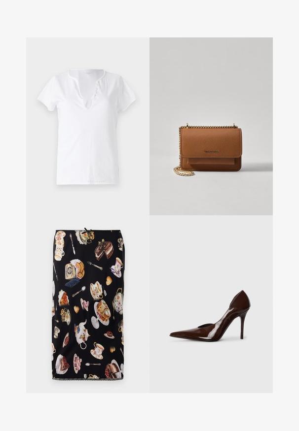 Bílá bavlněná tričko s krátkými rukávy, volným střihem a výstřihem do V se zapínáním na pět dekorativních knoflíků.; Černá sukně s vzorem šálků s čajem, dortů a pečiva, s podrobnými ilustracemi a zdobeným krajkovým lemem.; Hnědé lakované vysoké podpatky s špičatou špičkou a vykrojenými stranami, s tenkým podpatkem a hladkým povrchem.; Hnědá texturovaná kožená kabelka přes rameno se zlatým řetízkovým popruhem a klopnovým uzavíráním. Přední strana obsahuje detail loga a kapsu pod klopou.