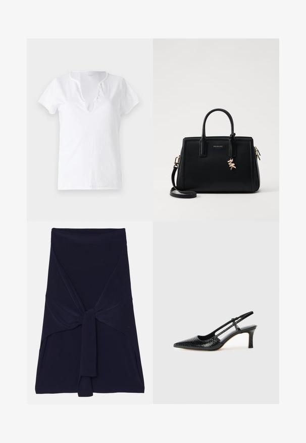 T-shirt en coton blanc à manches courtes, coupe décontractée et décolleté en V, avec un plastron orné de cinq boutons décoratifs.; Jupe portefeuille bleu marine en tissu doux et extensible avec un design noué à l'avant, présentant une texture lisse et des bords ajustés.; Escarpin slingback en vernis noir avec un bout pointu, présentant un imprimé serpent texturé, une sangle réglable et un petit talon bloc texturé.; Sac à main en cuir noir avec un design structuré, deux poignées supérieures, une bandoulière amovible, des accessoires en or et un pendentif avec le logo.