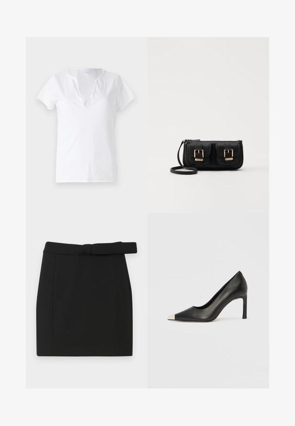 Bela bombažna majica s kratkimi rokavi, sproščenega kroja in z V-izrezom, ki ima placket s petimi dekorativnimi gumbi.; Črno mini krilo iz gladkega blaga, ki ima pas okoli pasu, raven kroj in čiste šive brez dodatnih vzorcev ali okrasitev.; Črni usnjeni čevelj z visokim petom, s koničastim prstom in kovinsko srebrno kapico. Ima gladko površino in vitko peto višine 10 cm.; Črna usnjena torbica čez ramo z dvema sprednjima žepoma, zlatimi zaponkami, zadrgo in ozkim pasom. Tekstura površine je strukturirana, obliko pa ima kompaktno pravokotno.