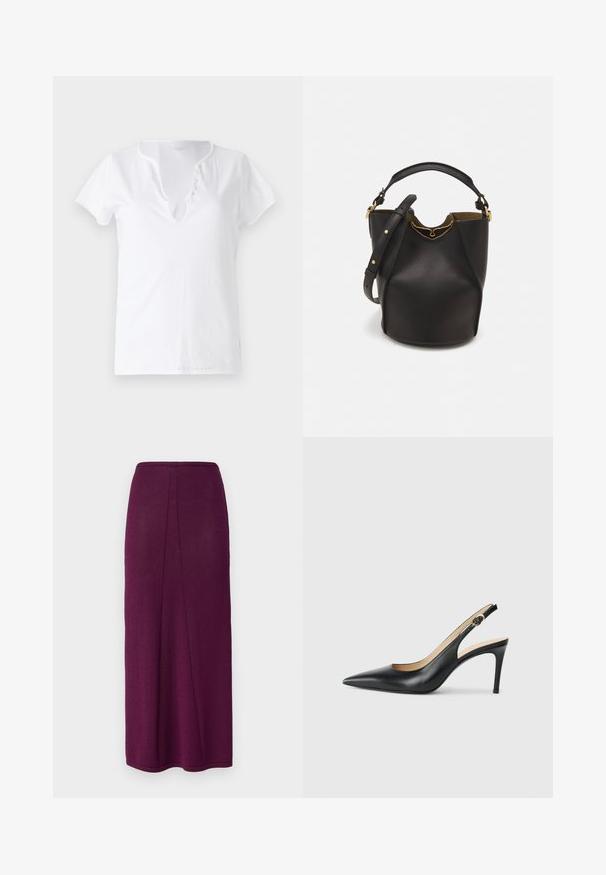 Witte katoenen t-shirt met korte mouwen, een losse pasvorm en een V-halslijn met een patte met vijf decoratieve knopen.; Garen maxi rok in diep paars met een rechte silhouet, voorzien van een achterste split voor extra beweging en een gladde afwerking.; Zwarte leren slingback-hakken met een spitse neus, verstelbare band en een elegante stiletto-hak, met een gladde afwerking.; Zwarte leren emmer tas met een gestructureerde afwerking, gouden hardware accenten en een open bovenkant. Heeft een korte handgreep en een verstelbare schouderriem.