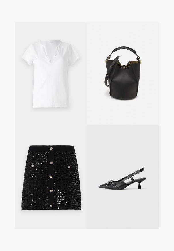 T-shirt bianco in cotone con maniche corte, vestibilità comoda, e scollatura a V con una pettorina decorativa con cinque bottoni.; Gonna nera con paillettes, caratterizzata da un design aderente, due tasche frontali e bottoni decorativi con accenti simili a gioielli. Texture liscia in tutta la superficie.; Scarpa slingback nera in pelle con punta affusolata, cinturini decorativi con occhielli metallici e tacco basso a blocco. Superficie testurizzata.; Borsa a secchiello in pelle nera con finitura testurizzata, dettagli in metallo dorato e apertura superiore. Presenta una maniglia corta e una tracolla regolabile.