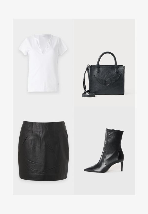 Bela bombažna majica s kratkimi rokavi, sproščenega kroja in z V-izrezom, ki ima placket s petimi dekorativnimi gumbi.; Črna usnjena mini krila z gladko teksturo, vidnimi šivi in ravnim krojem. Brez žepov ali okrasnih elementov.; Črne gležnjarje iz gladke usnje, s koničastim nosom, oprijetim okovjem in ozkim visokim peto. Minimalističen dizajn brez vidnih kovinskih delov.; Črna usnjena torbica z dodatkom v obliki kril. Ima dve zaobljeni ročki in odstranljiv ramenski trak. Teksturirana površina. Kompaktna oblika.